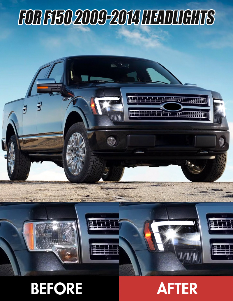 ABC F150-A509 LED Projector Headlights with Amber DRL Turn for Ford F-150 2009–2014 15 LED Headlight