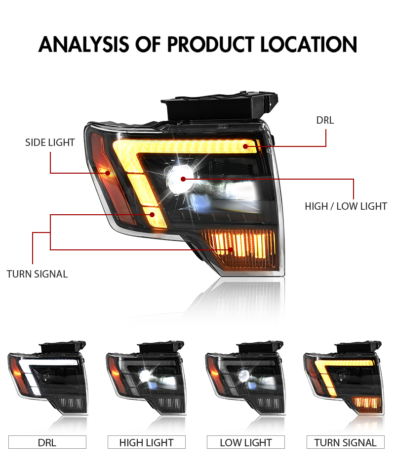 ABC F150-A509 LED Projector Headlights with Amber DRL Turn for Ford F-150 2009–2014 16 LED Headlight