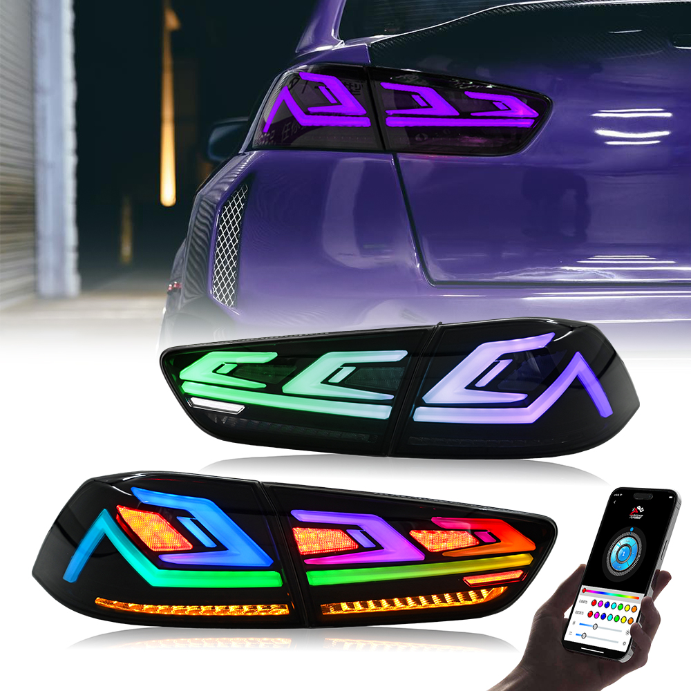 B126-RGB LED Tail Lights for Mitsubishi Lancer 2008–2018 (Smoke Style) 26 RGB LED Tail Light