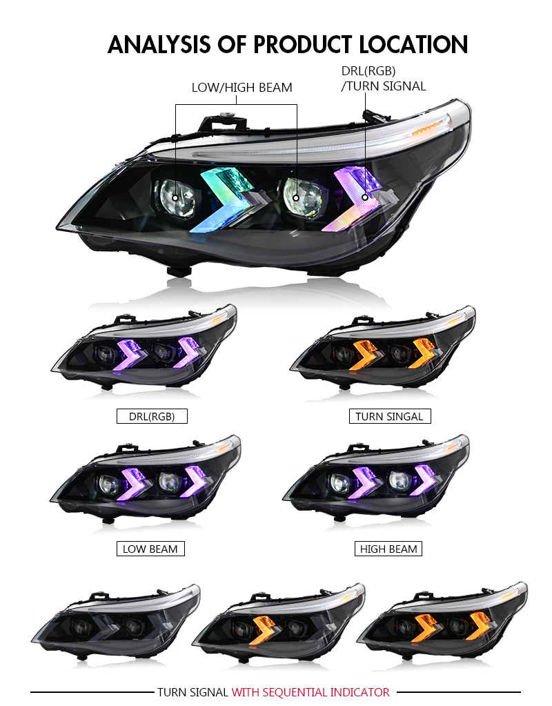 BMW 5-Series RGB Headlight A209-A-RGB For BMW 5-Series E60 E61 (2005–2007) / (2008–2010) Headlamp 23 RGB Headlight