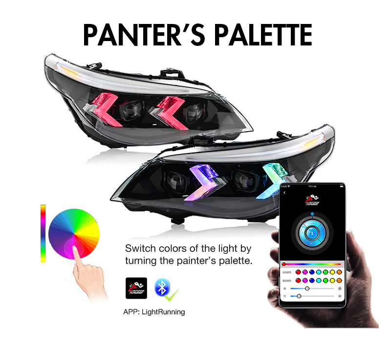 BMW 5-Series RGB Headlight A209-A-RGB For BMW 5-Series E60 E61 (2005–2007) / (2008–2010) Headlamp 25 RGB Headlight