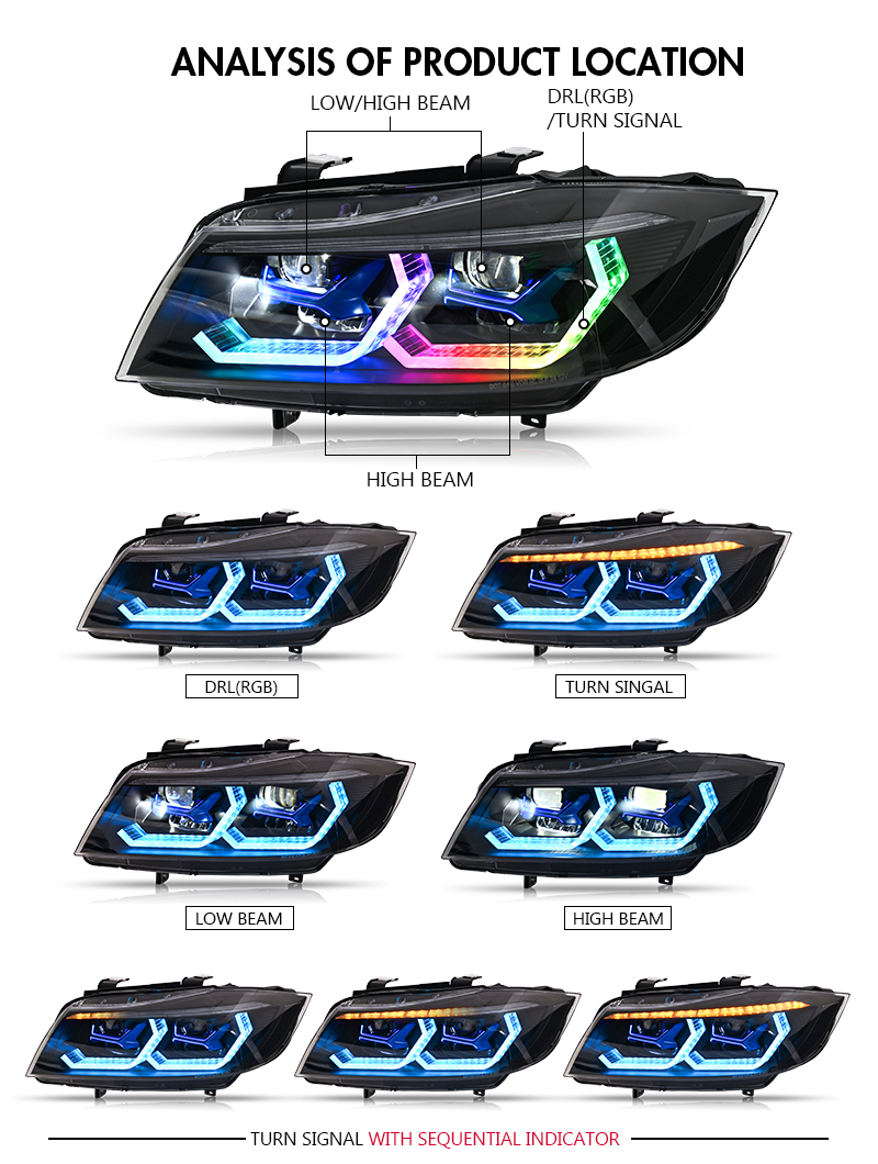 BMW 3-Series RGB Headlight E90-A204-A-RGB / E90-A204-A-H For BMW 3-Series E90 E91 (05–12) Head Lamp 27 RGB Headlight