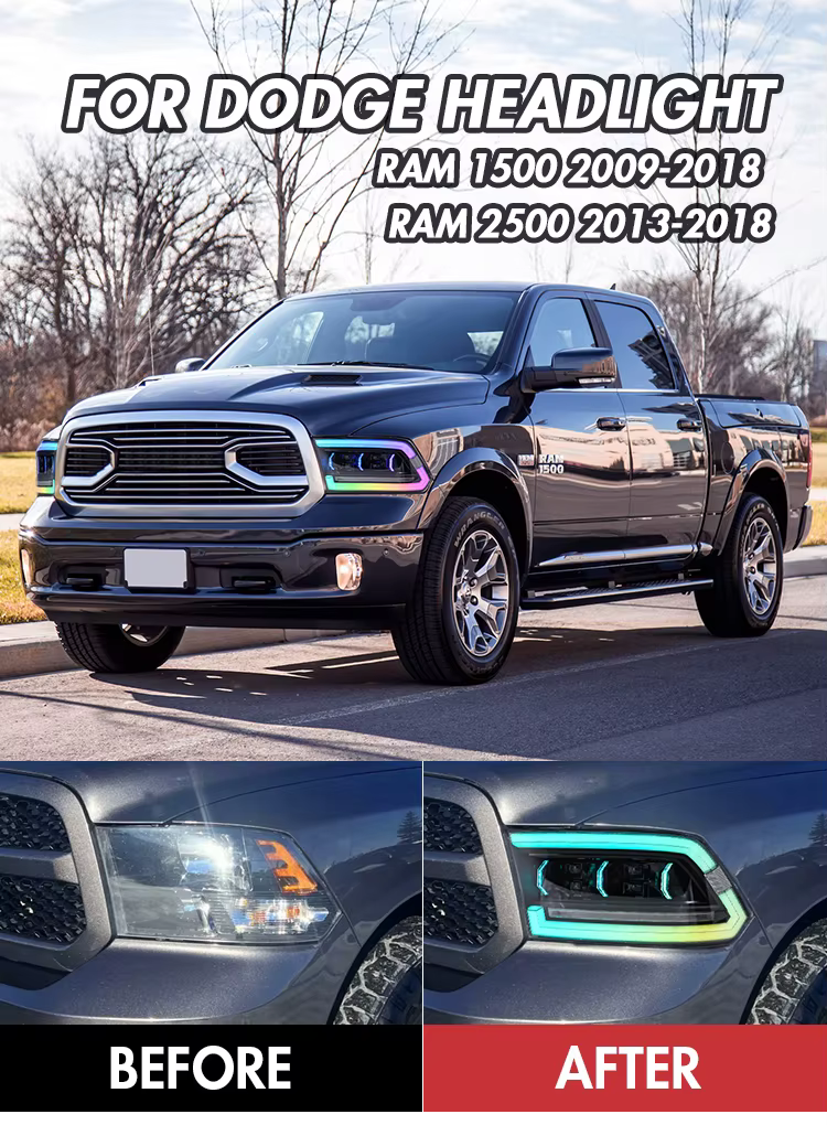 LED Headlights with RGB Running Lights for Dodge RAM 1500 / 2500 (2009–2018) 19 RGB Running Lights