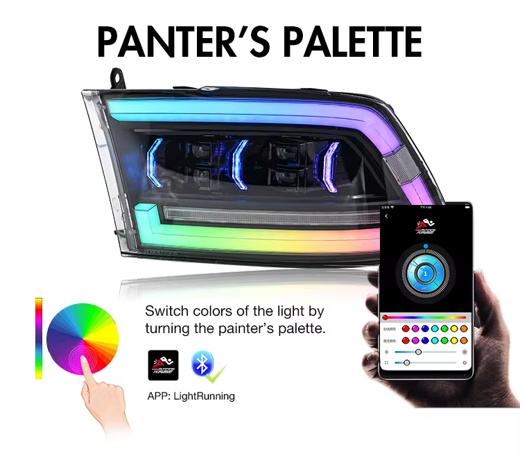 LED Headlights with RGB Running Lights for Dodge RAM 1500 / 2500 (2009–2018) 21 RGB Running Lights