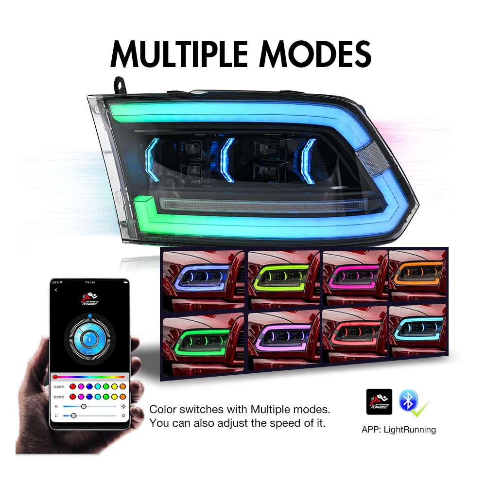 LED Headlights with RGB Running Lights for Dodge RAM 1500 / 2500 (2009–2018) - View 6