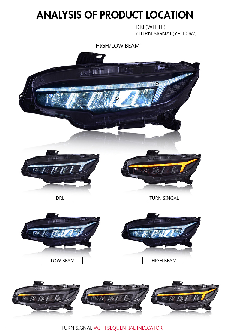 Honda Civic Headlights SY-A110L For Honda Civic (2016–2020) Head Lamp 17 Civic Headlights