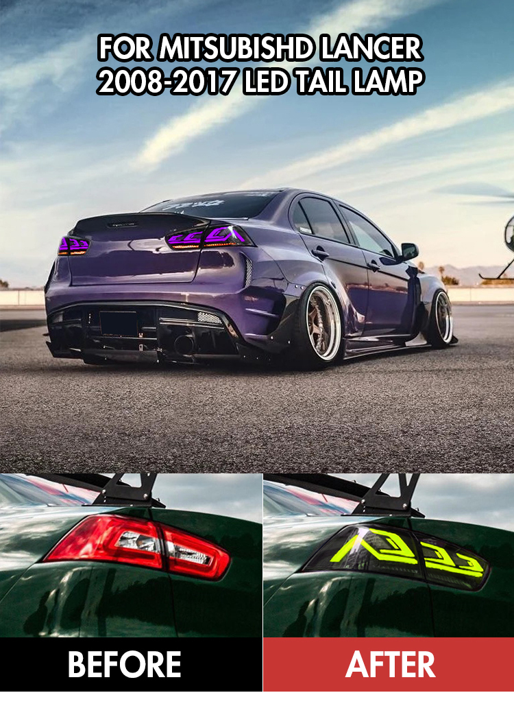 B126-RGB LED Tail Lights for Mitsubishi Lancer 2008–2018 (Smoke Style) 19 RGB LED Tail Light