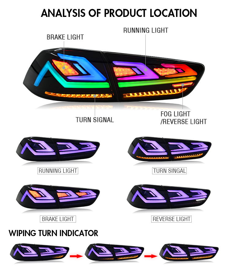 B126-RGB LED Tail Lights for Mitsubishi Lancer 2008–2018 (Smoke Style) 21 RGB LED Tail Light