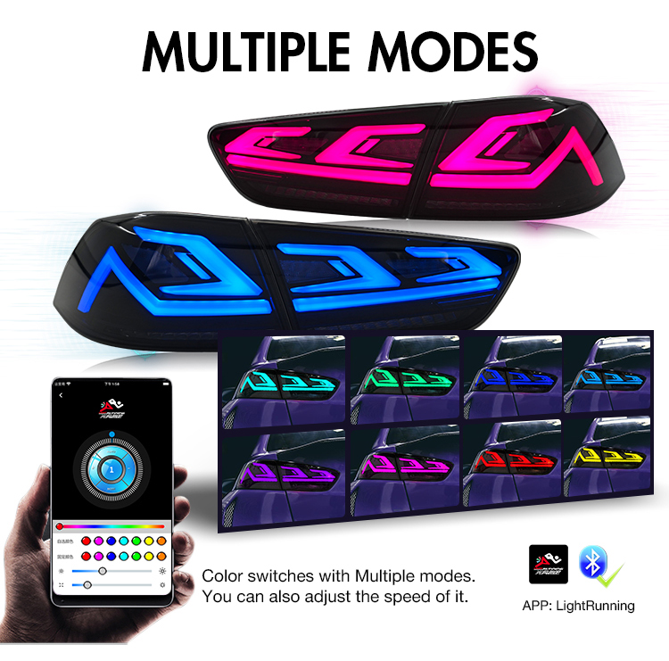 B126-RGB LED Tail Lights for Mitsubishi Lancer 2008–2018 (Smoke Style) 22 RGB LED Tail Light