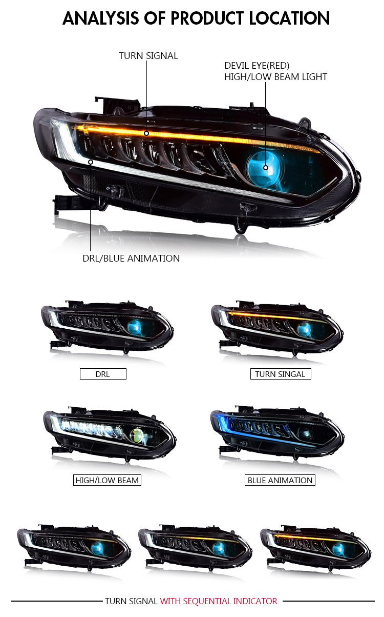 Honda Accord Headlights TT-YG-A150 (Blue) / TT-YG-A151 (Red) For Honda Accord (2018–2021) Head Lamp 19 Accord Headlights