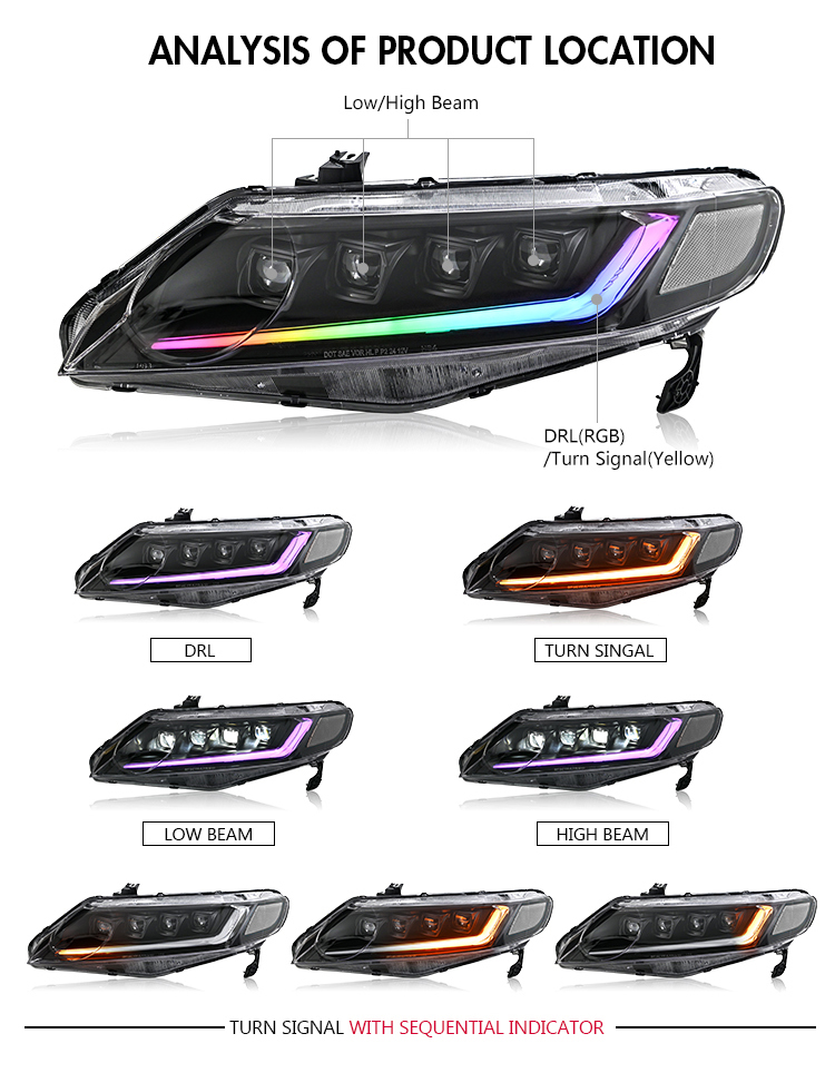 Honda Civic RGB Headlights A285-RGB For Honda Civic (2006–2011) Head Lamp 23 Civic RGB Headlights