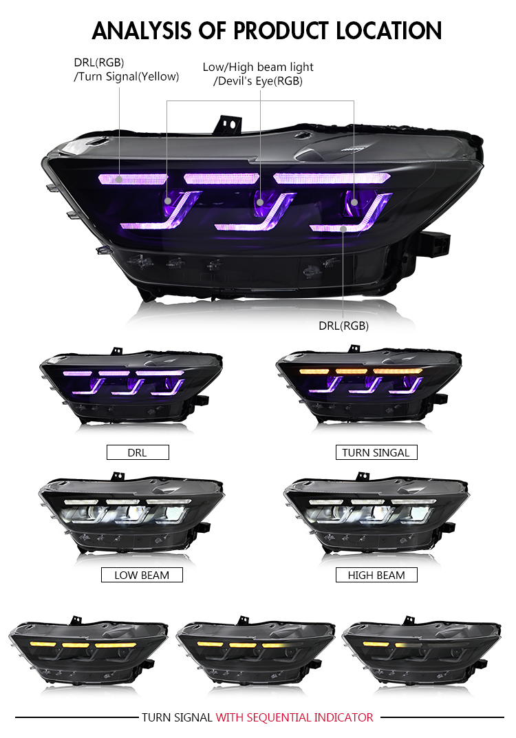 Ford Mustang RGB Headlights Ford-A201-RGB For Ford Mustang (2015–2017) Head Lamp 23 Mustang RGB Headlights